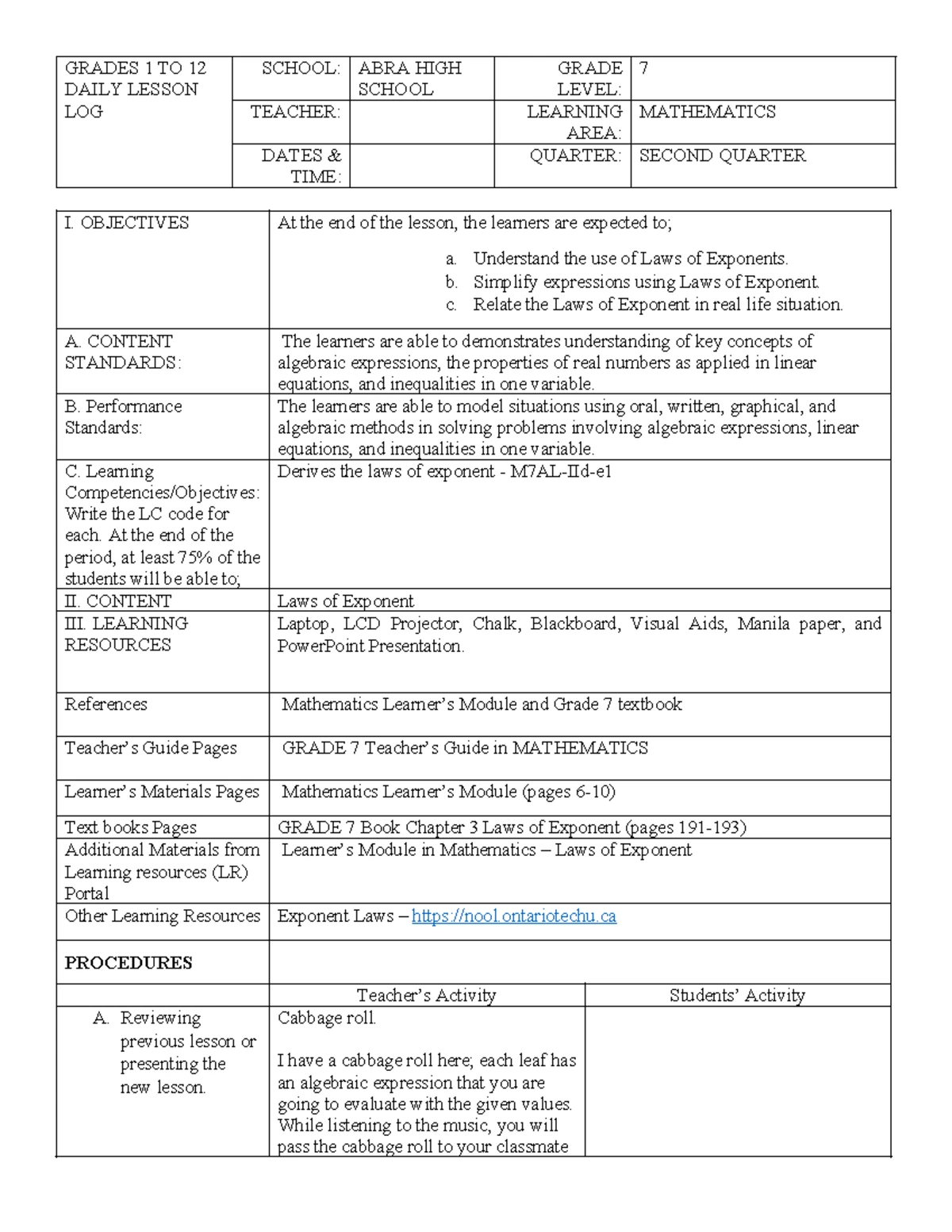 LP Mathematics 10 - First Quarter Lesson Plan on Sequences and Patterns ...