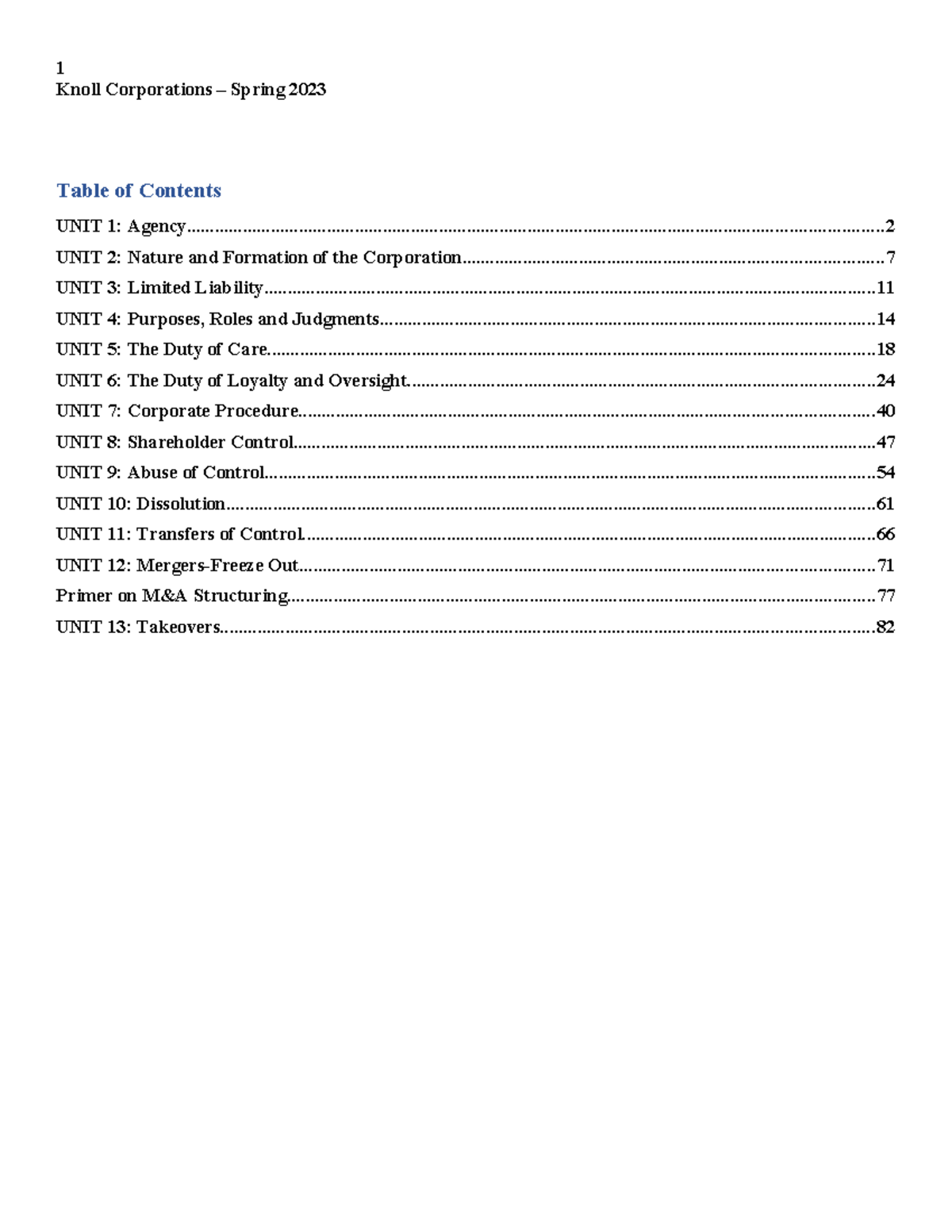 Spring 2023 - Knoll Corps Outline - Table of Contents Knoll ...
