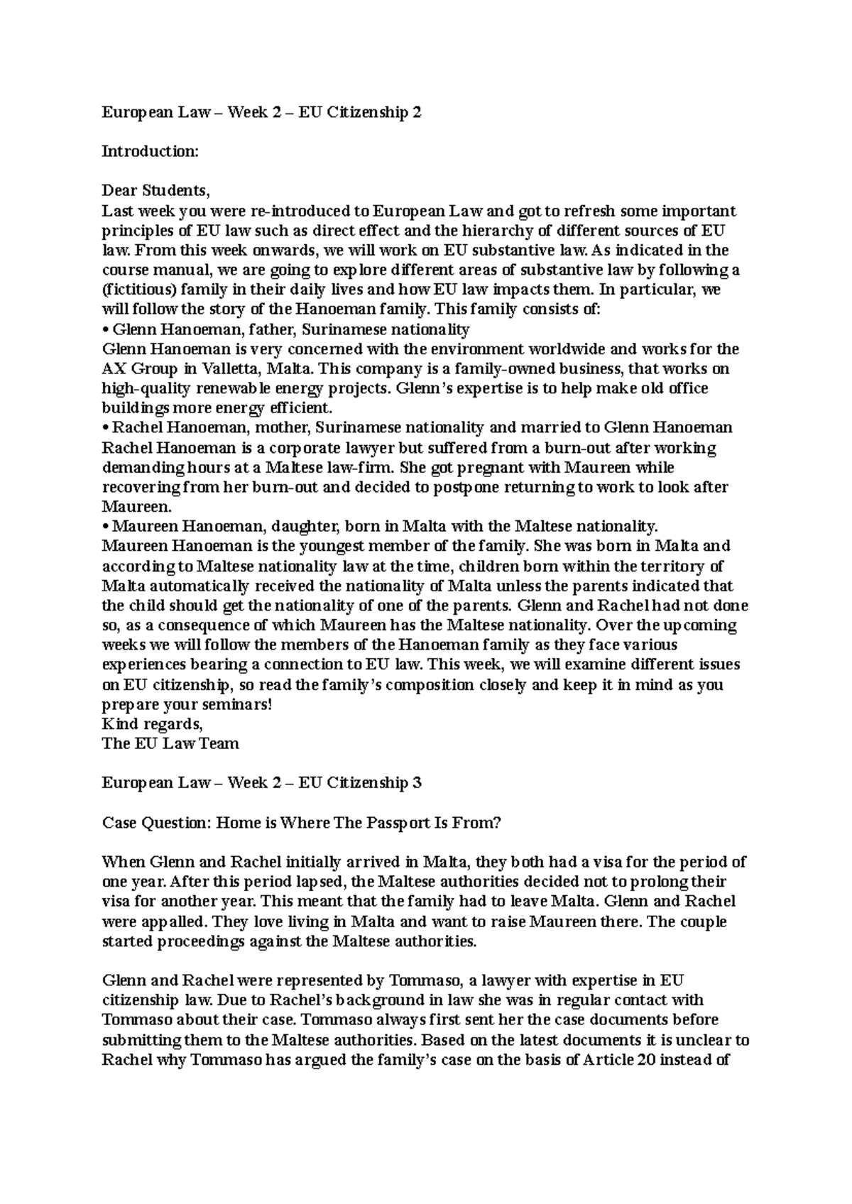 EU Law Week 2: Exploring EU Citizenship and the Hanoeman Family ...