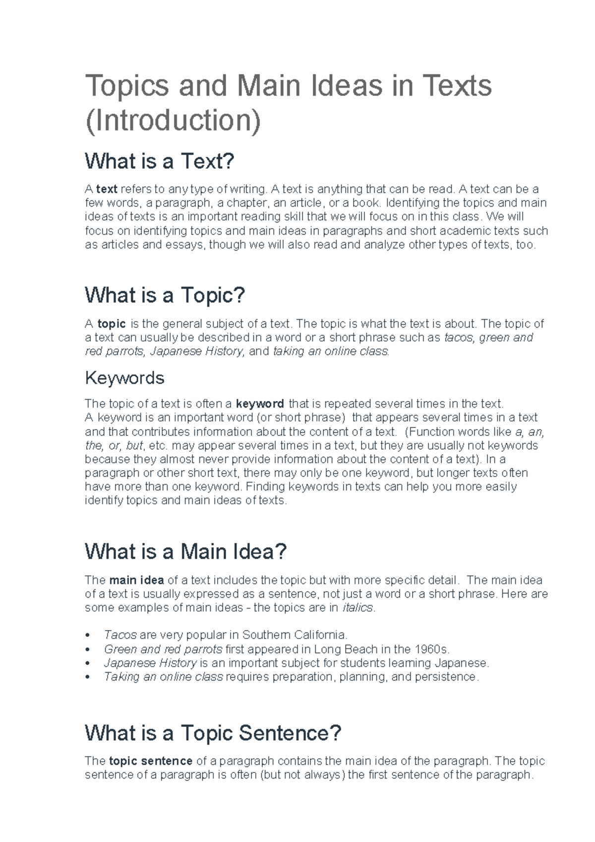 ENG101: Understanding Topics and Main Ideas in Texts - Studocu