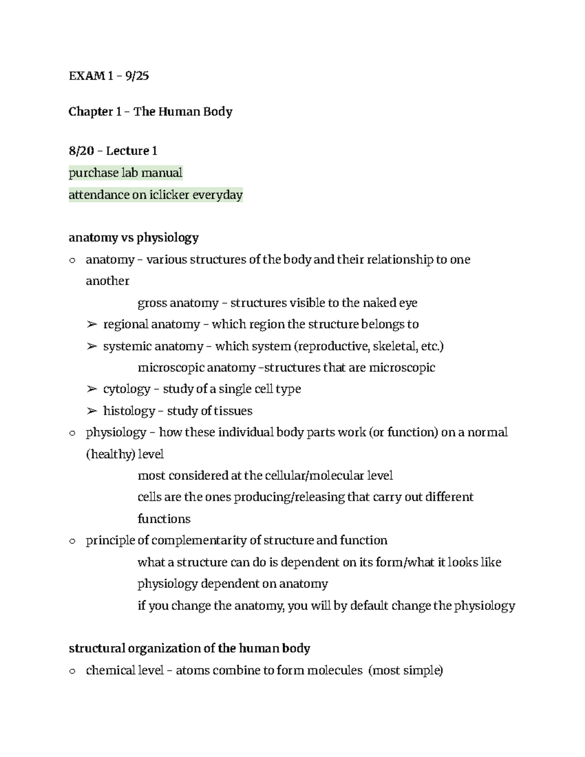 Biol 251 - Exam 1 Lecture Notes on Human Anatomy and Physiology - Studocu