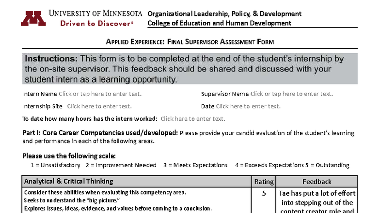 OLPD 4696 Final Supervisor Assessment Form for Internship Evaluation ...