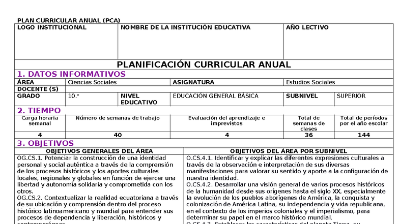 PCA ES10 - Planificación Curricular Anual de Estudios Sociales - Studocu