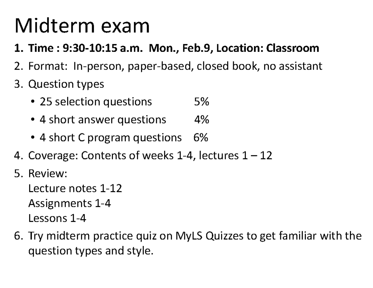 CP264 Midterm Exam 1 Coverage: Lecture 12 & Practice Quiz Guide - Studocu