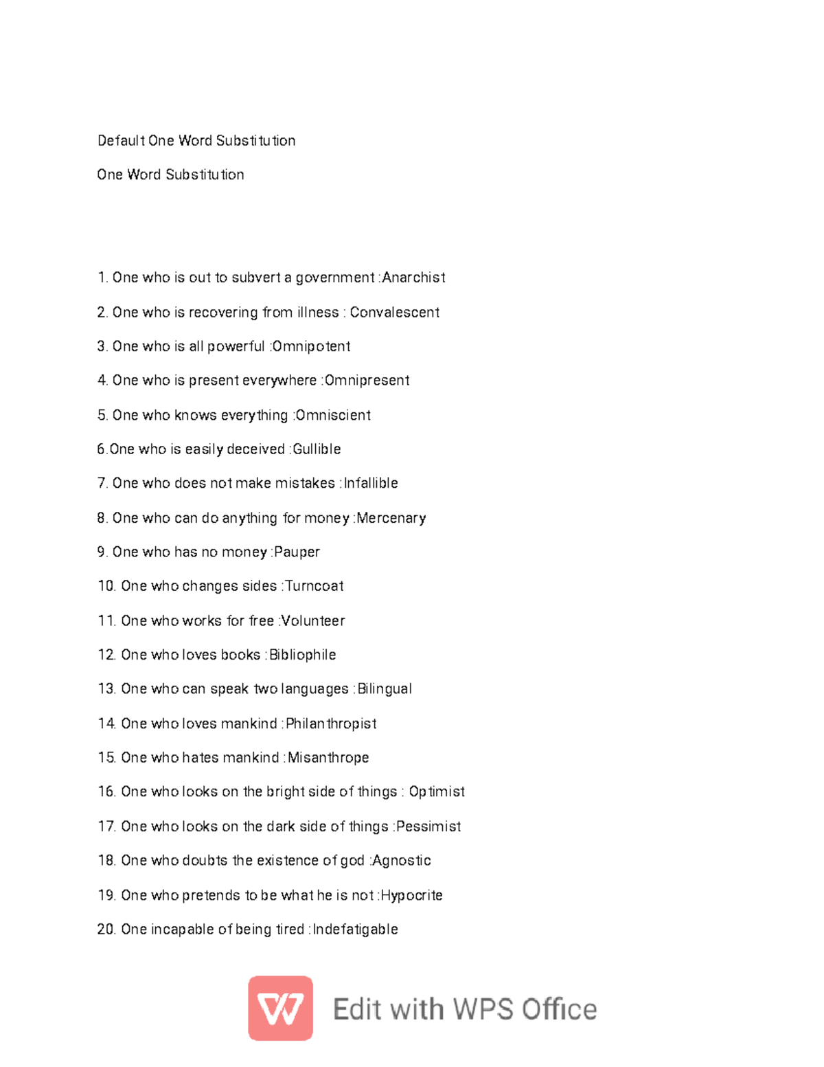 Advance English Learning: One Word Substitution Guide - Studocu