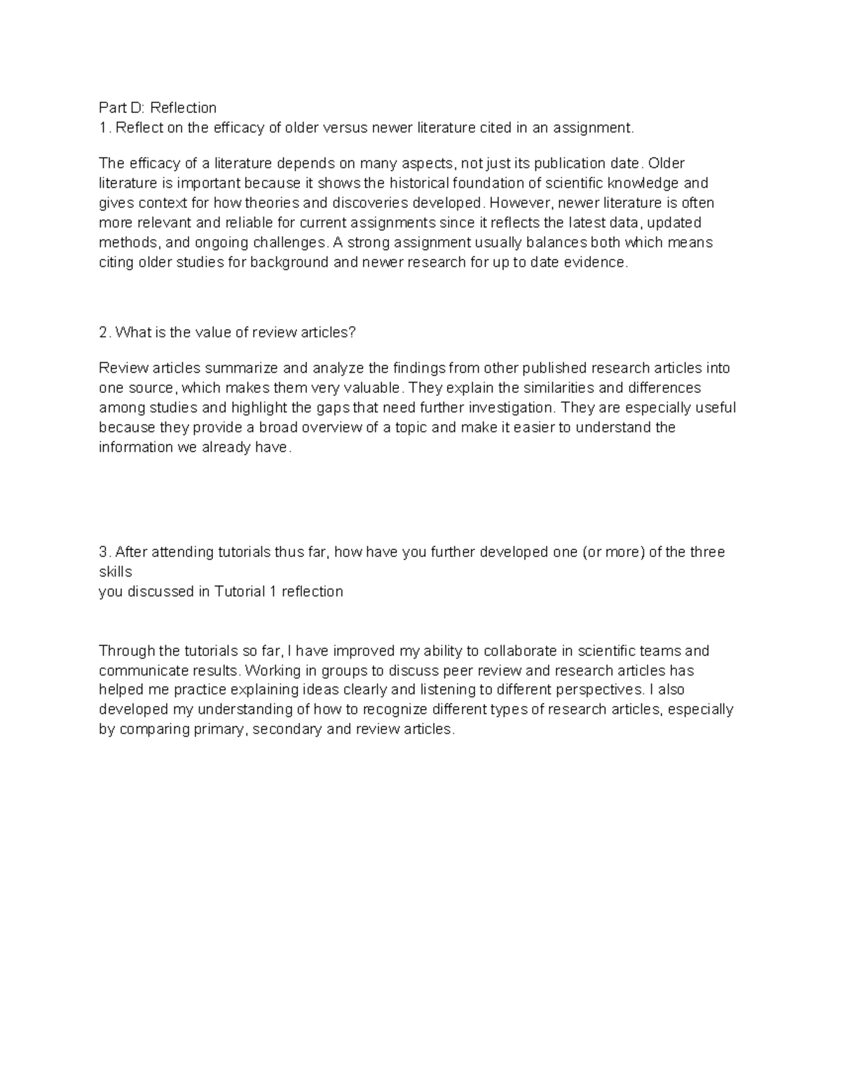 Tutorial 1 Reflection: Efficacy of Literature & Skill Development - Studocu