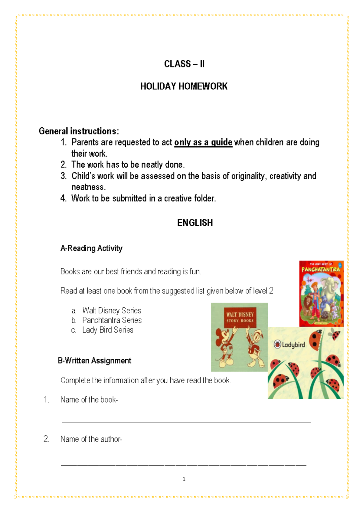 CBSE Class 2 Revsion Worksheets - CLASS – II HOLIDAY HOMEWORK General ...