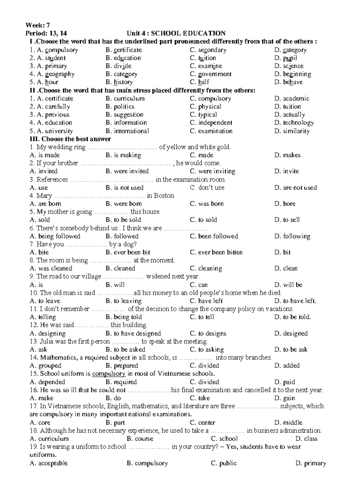 Unit 4 - Vocabulary and Exercises on School Education - Studocu