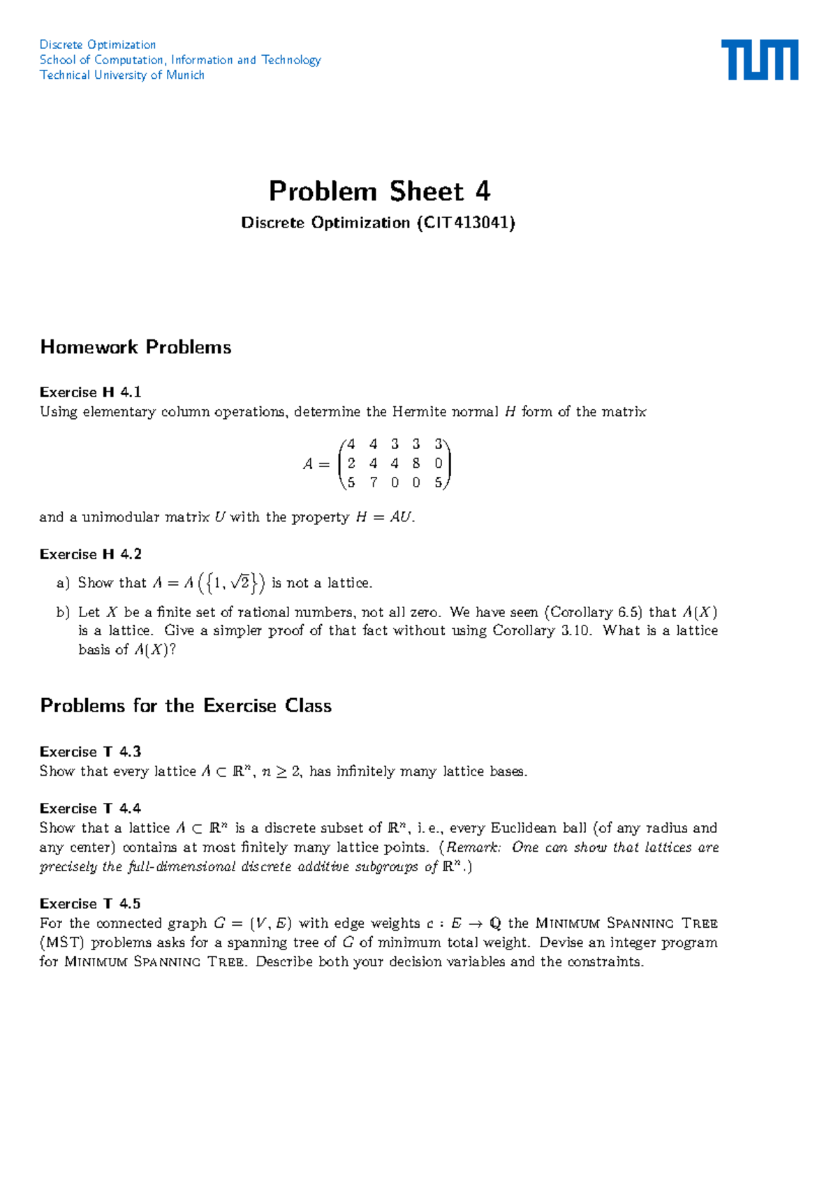 CIT413041 - DO-Sheet 04: Lecture Notes on Discrete Optimization - Studocu