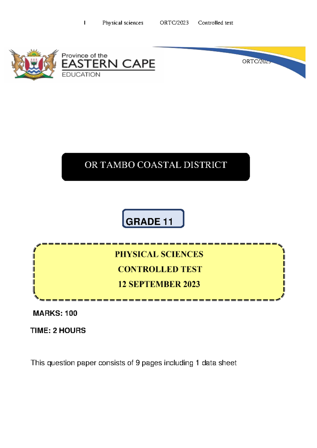 Grade 11 Physical Sciences Controlled Test 1 - Term 3 (100 Marks) - Studocu