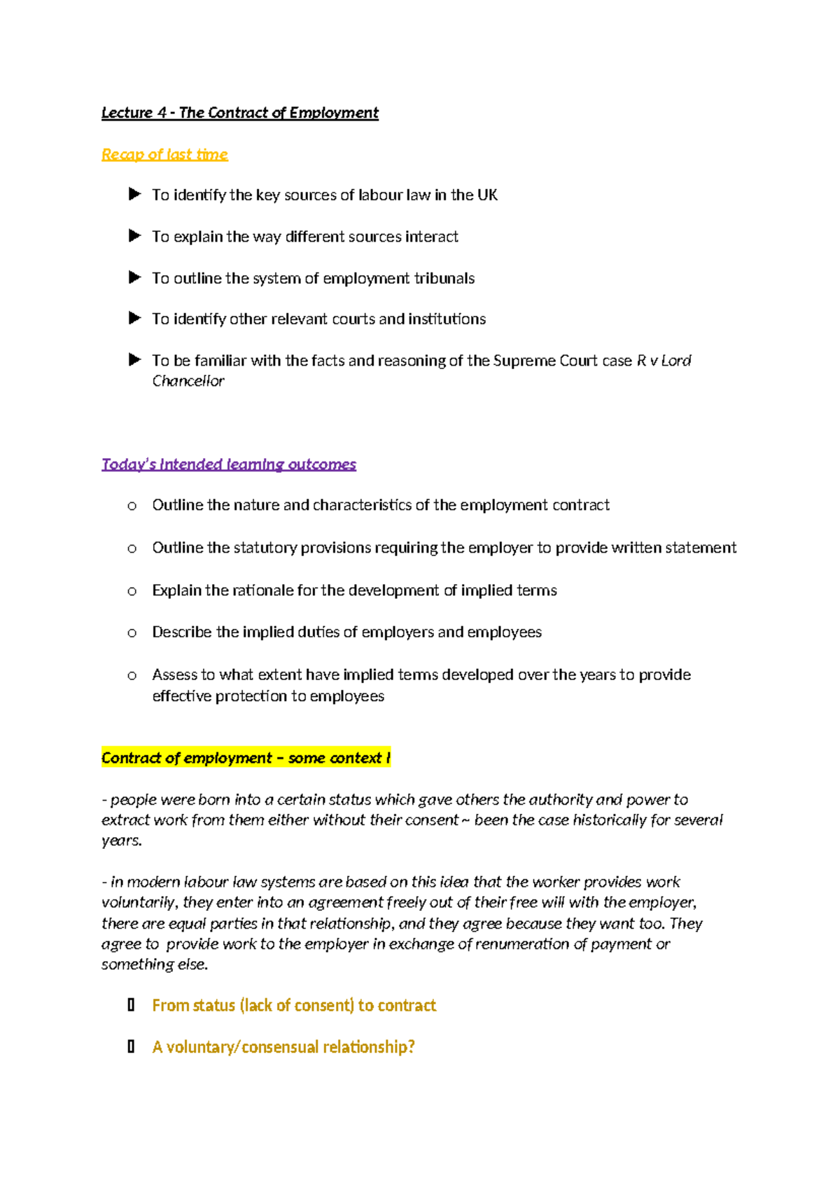 Lecture 4 - The Contract of Employment - Lecture 4 - The Contract of ...