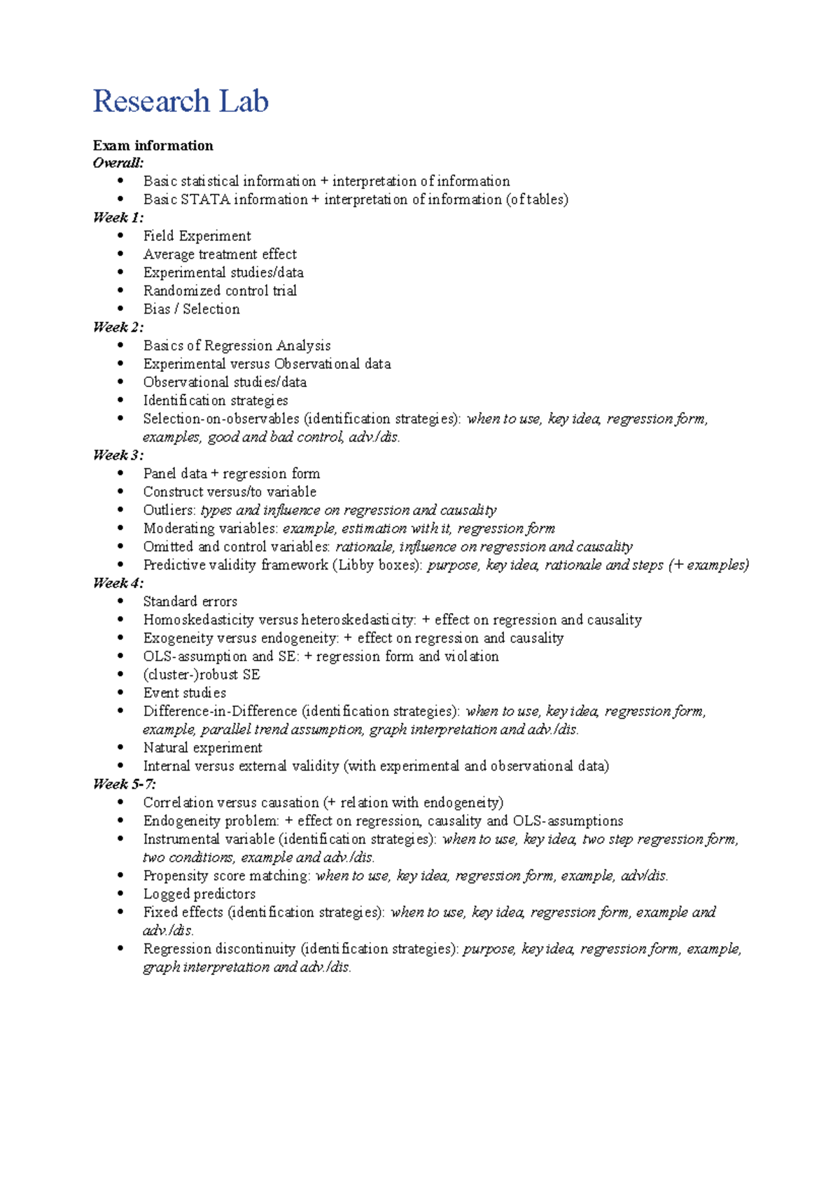 Research Lab (STAT 101) Final Exam Overview: Key Concepts & Methods ...