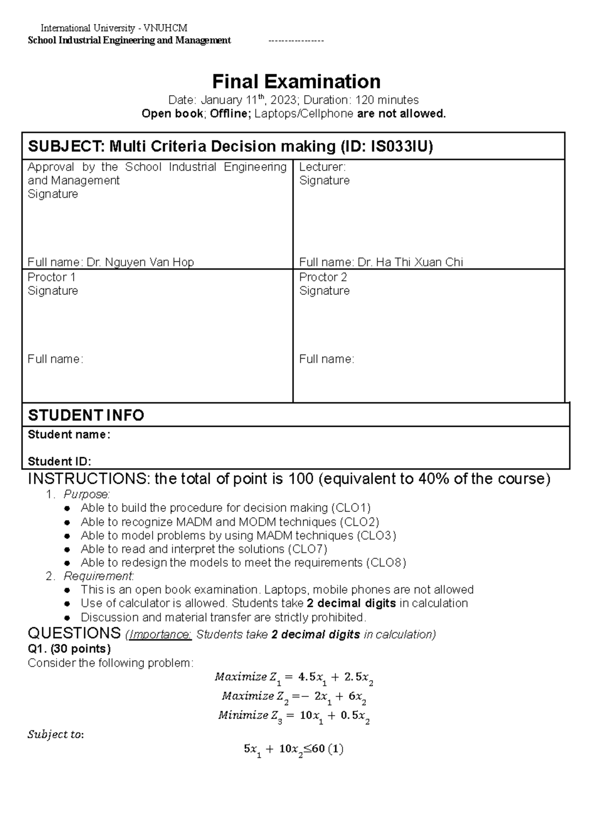 Final Exam: Multi Criteria Decision Making (IS033IU) Solutions - Studocu