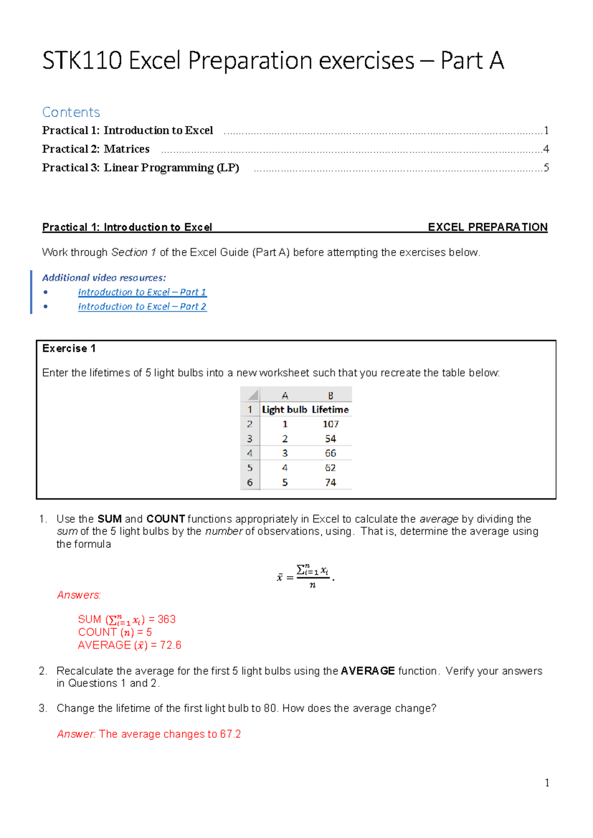 STK110 Excel Prep Exercises 2026 - Part A: Practical Applications - Studocu