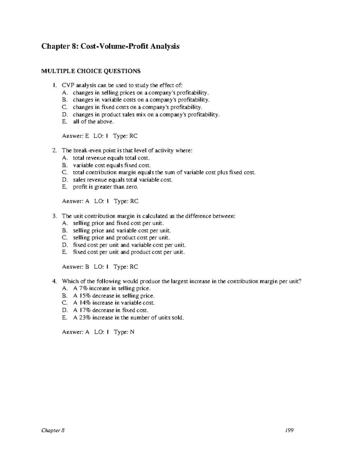 Chapter 08: Cost-Volume-Profit Analysis - Multiple Choice Questions ...