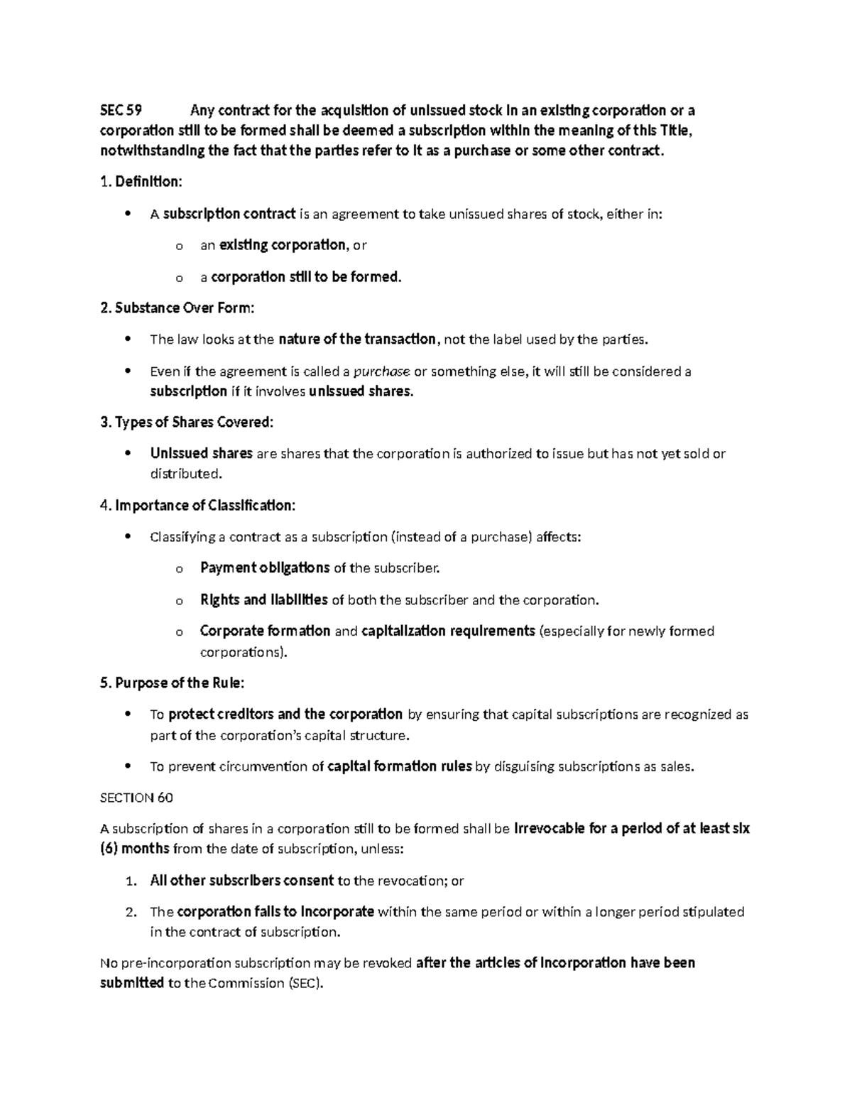 SEC 59-73 Corporate Subscription and Stock Issuance Study Notes - Studocu