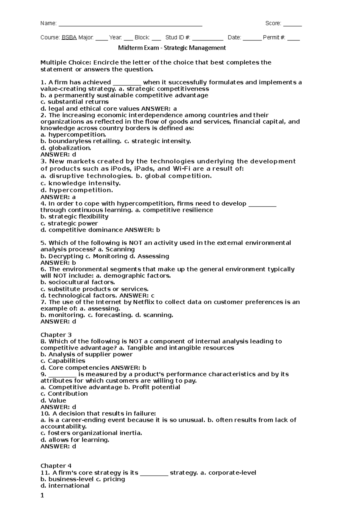 Midterm SM Exam Answer Key - Strategic Management Course Quiz - Studocu