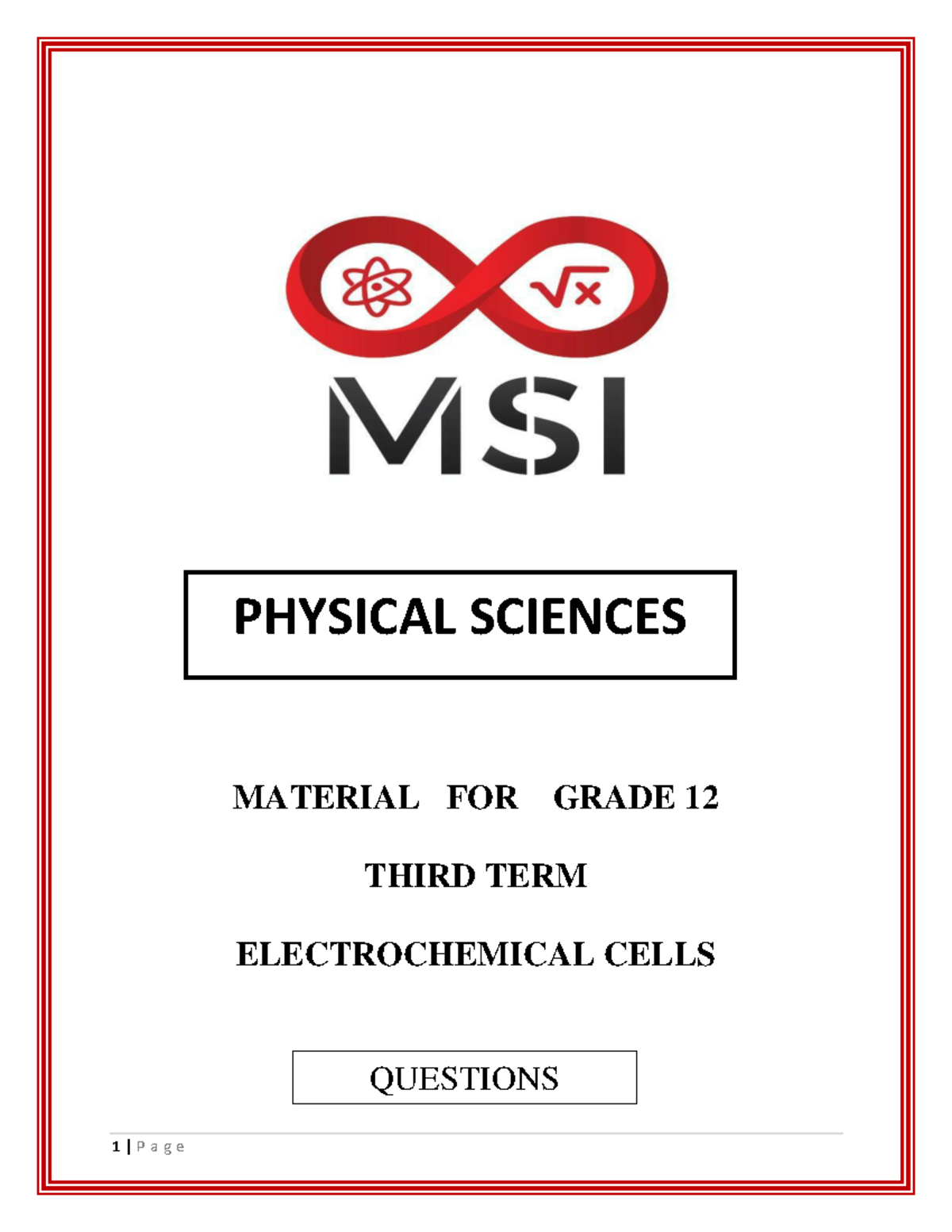 MSI Grade 12 Physical Sciences: Electrochemical Cells Questions - Studocu