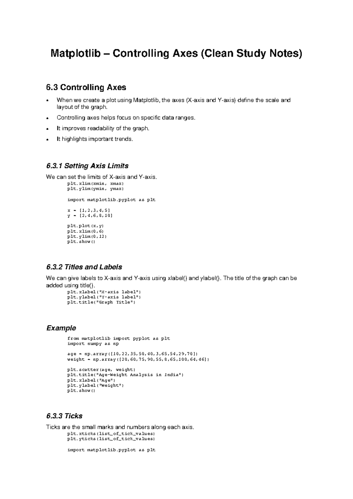 Matplotlib 6.3: Controlling Axes Study Notes - Studocu