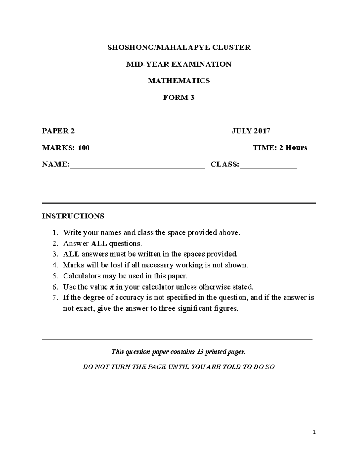 Form 3 Mathematics Mid-Year Exam Paper 2 - July 2017 - Studocu