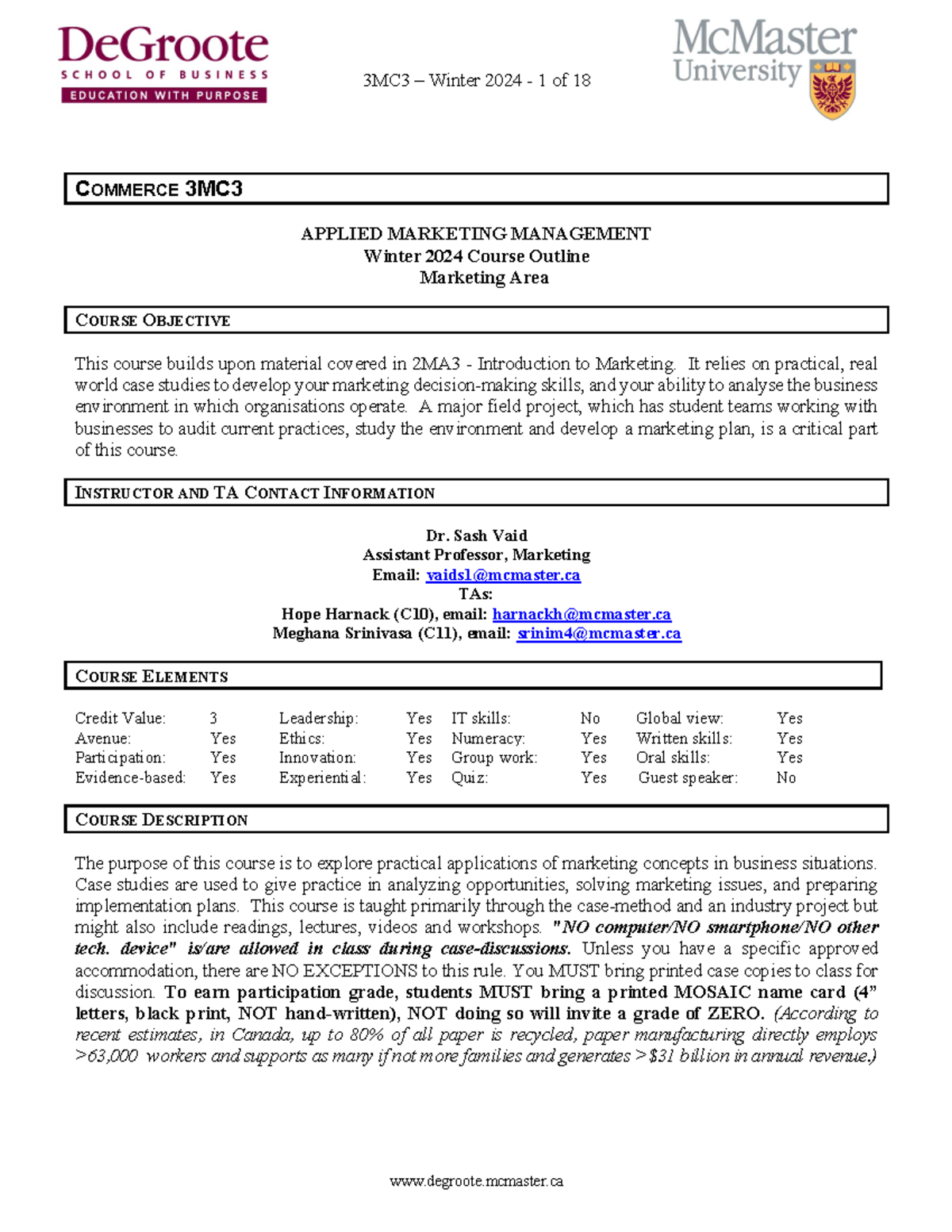 3MC3 W24 Course Outline - COMMERCE 3MC APPLIED MARKETING MANAGEMENT ...