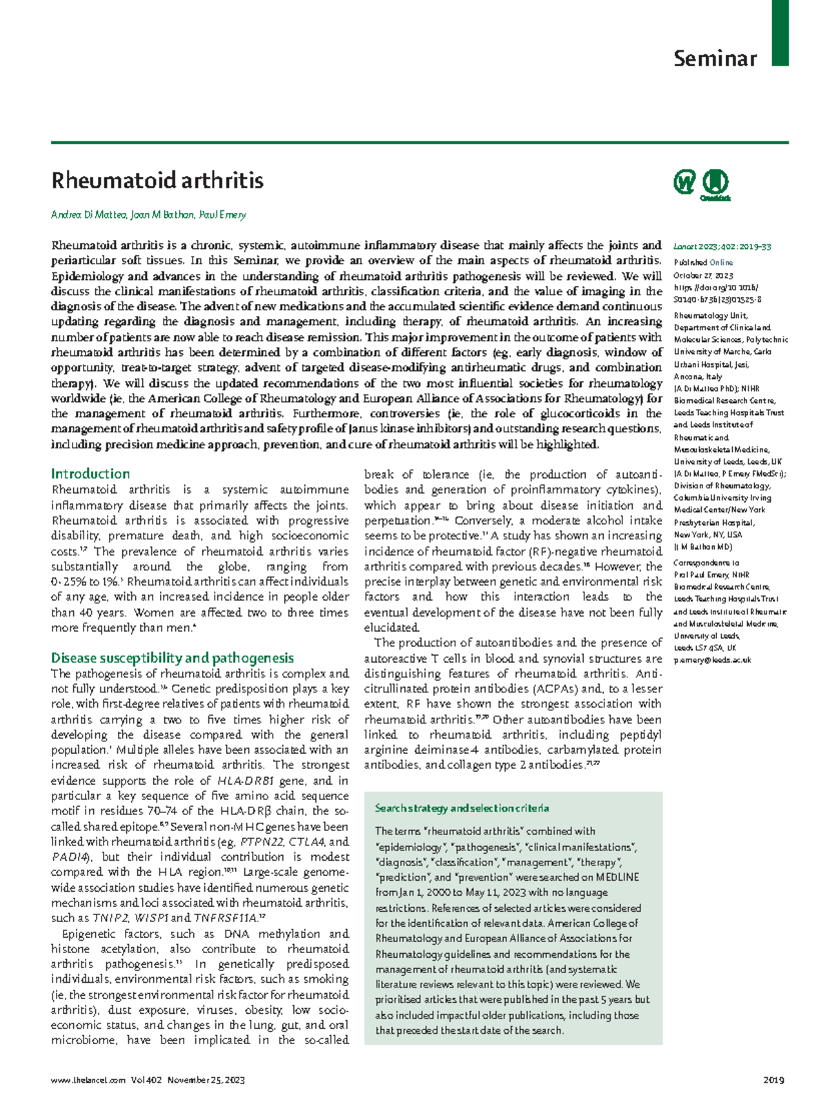 Seminar on Rheumatoid Arthritis: Insights and Management Strategies ...