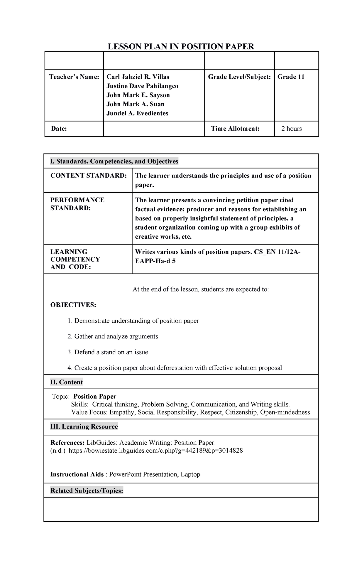 LESSON PLAN: POSITION PAPER WRITING (Grade 11) - Studocu