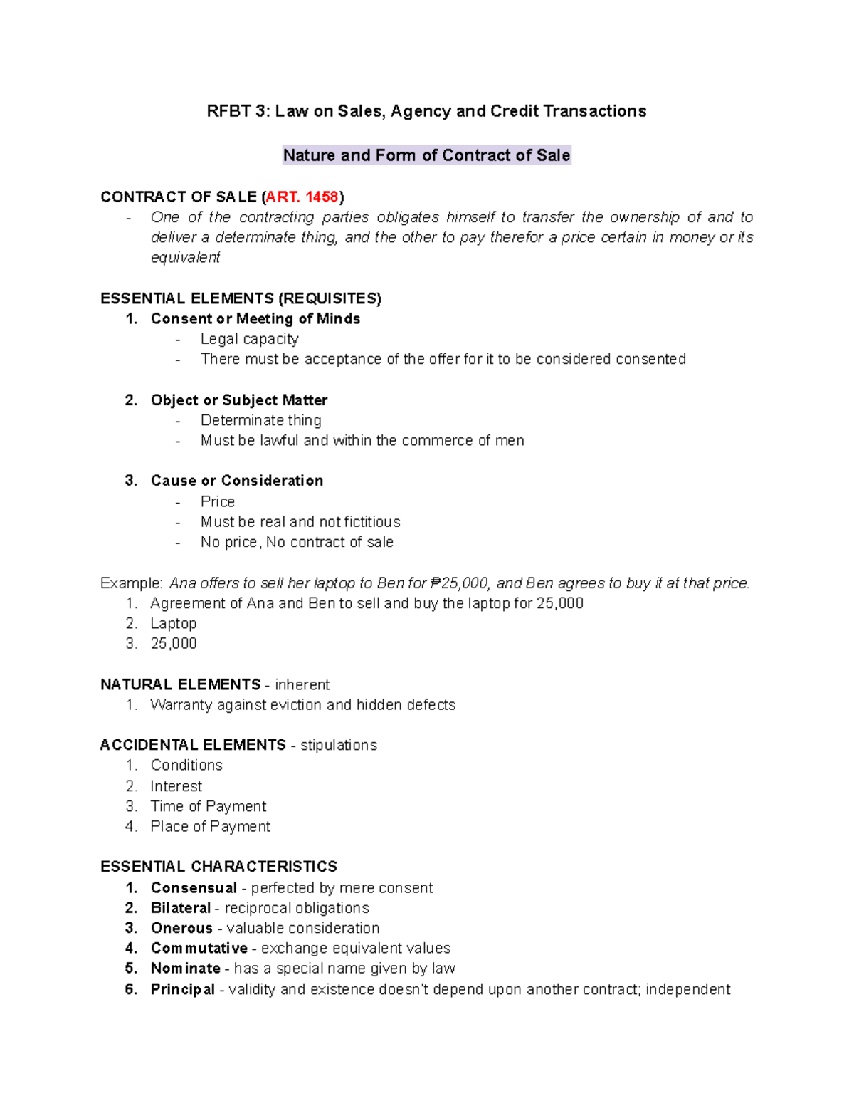 RFBT 3 (3046): Midterm Notes on Law of Sales and Contracts - Studocu