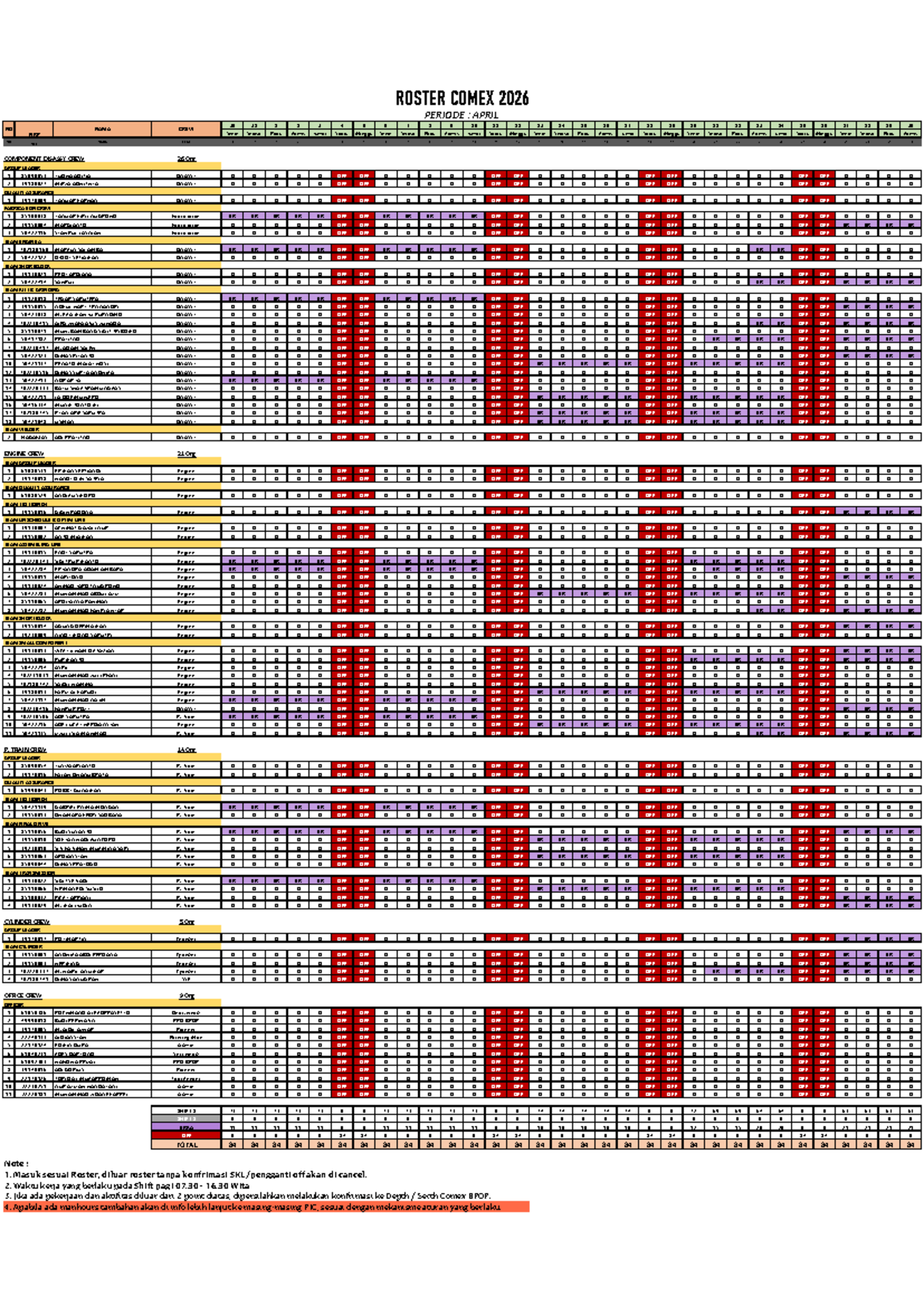 Roster COMEX 2026: April Crew Schedule and Shift Details - Studocu