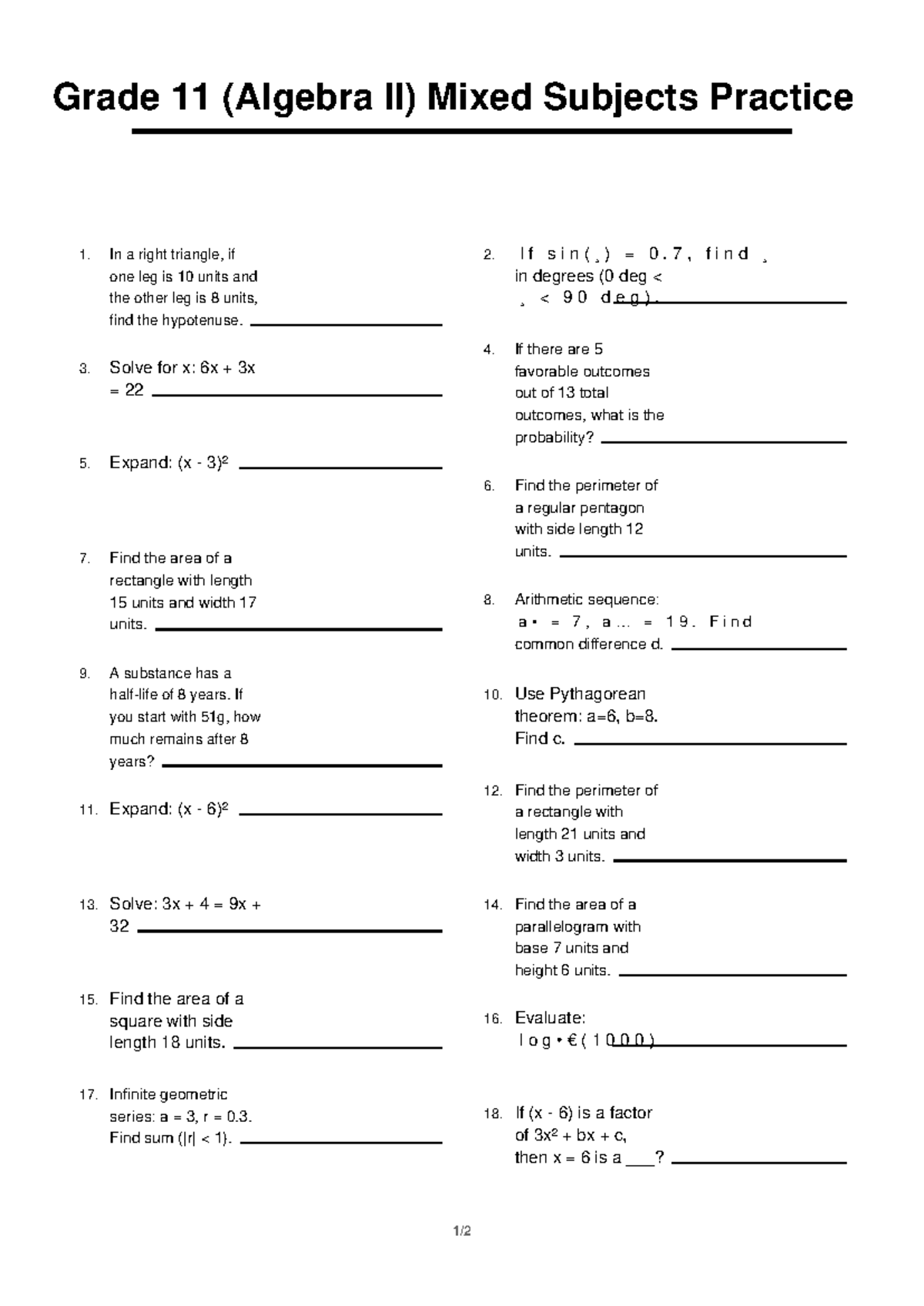 Grade 11 (Algebra II) Mixed Subjects Practice 2 - Studocu
