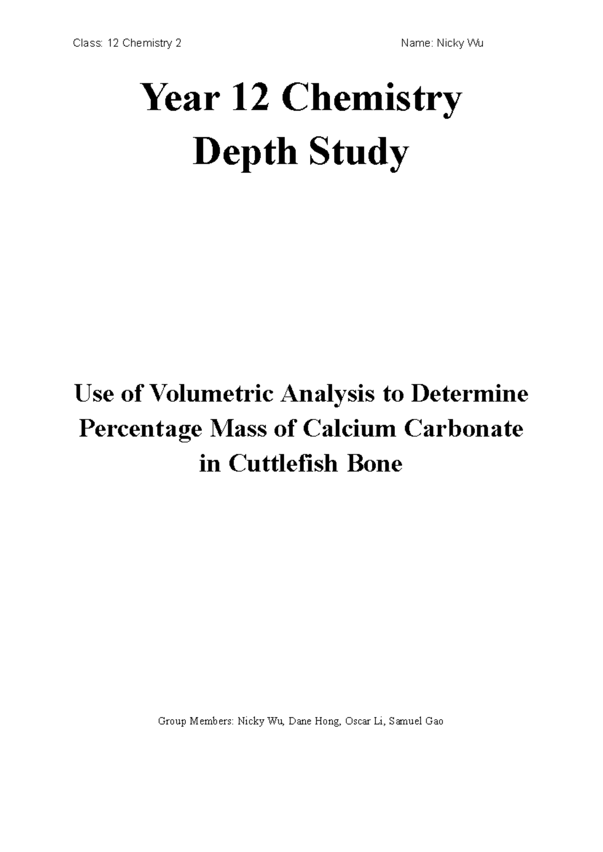 Year 12 Chemistry Depth Study: Volumetric Analysis of Calcium Carbonate ...