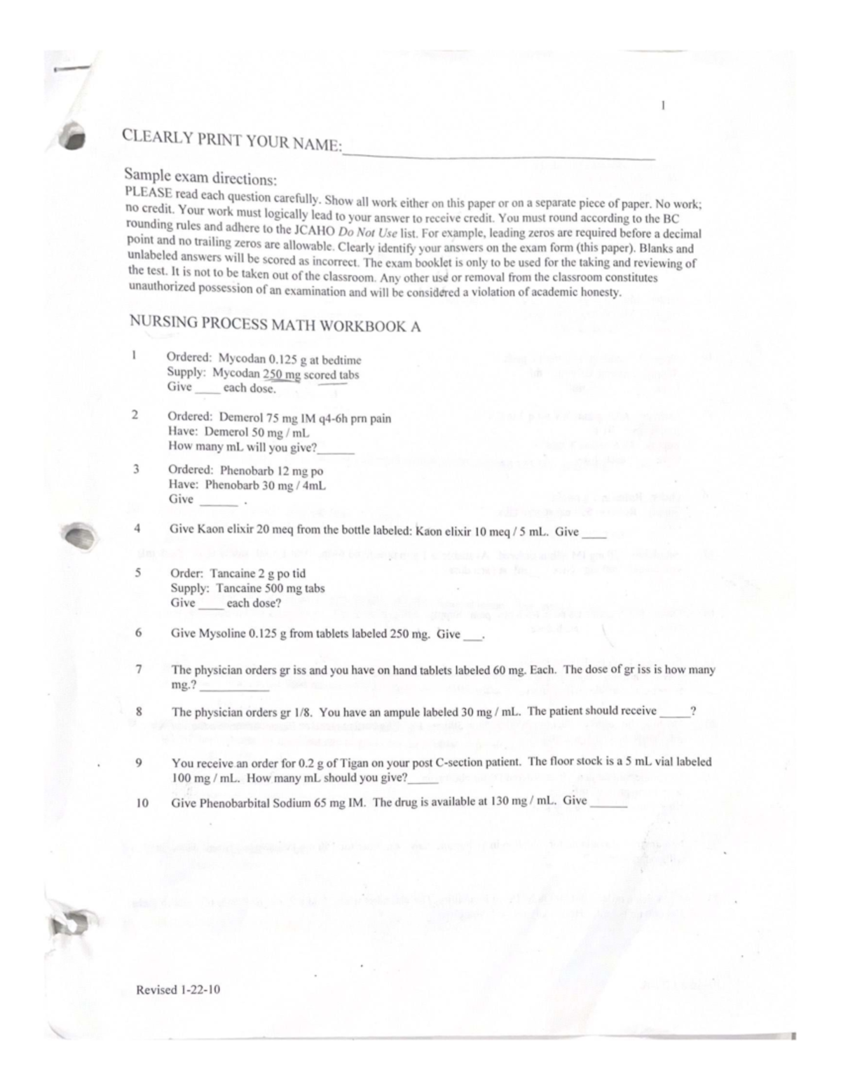 NURSING 101: Sample Math Exam Directions and Practice Problems - Studocu
