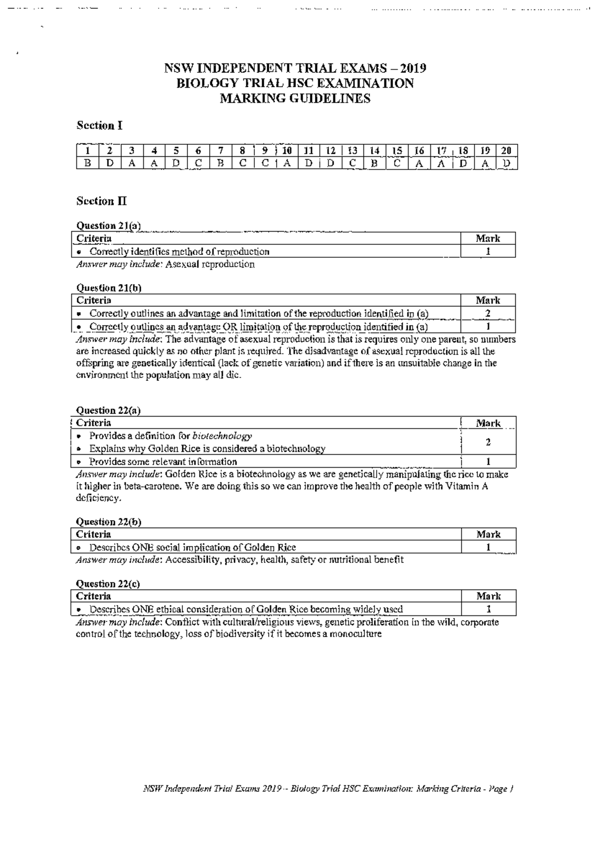 NSW BIO 2019 Trial HSC Exam: Marking Guidelines & Answer Key - Studocu