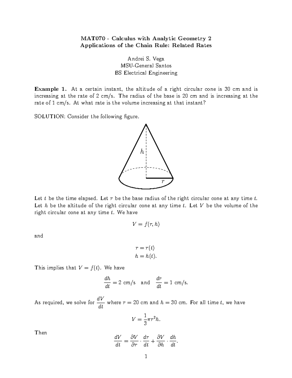 Related Rates Lecture Notes for MAT070 - Calculus Applications - Studocu