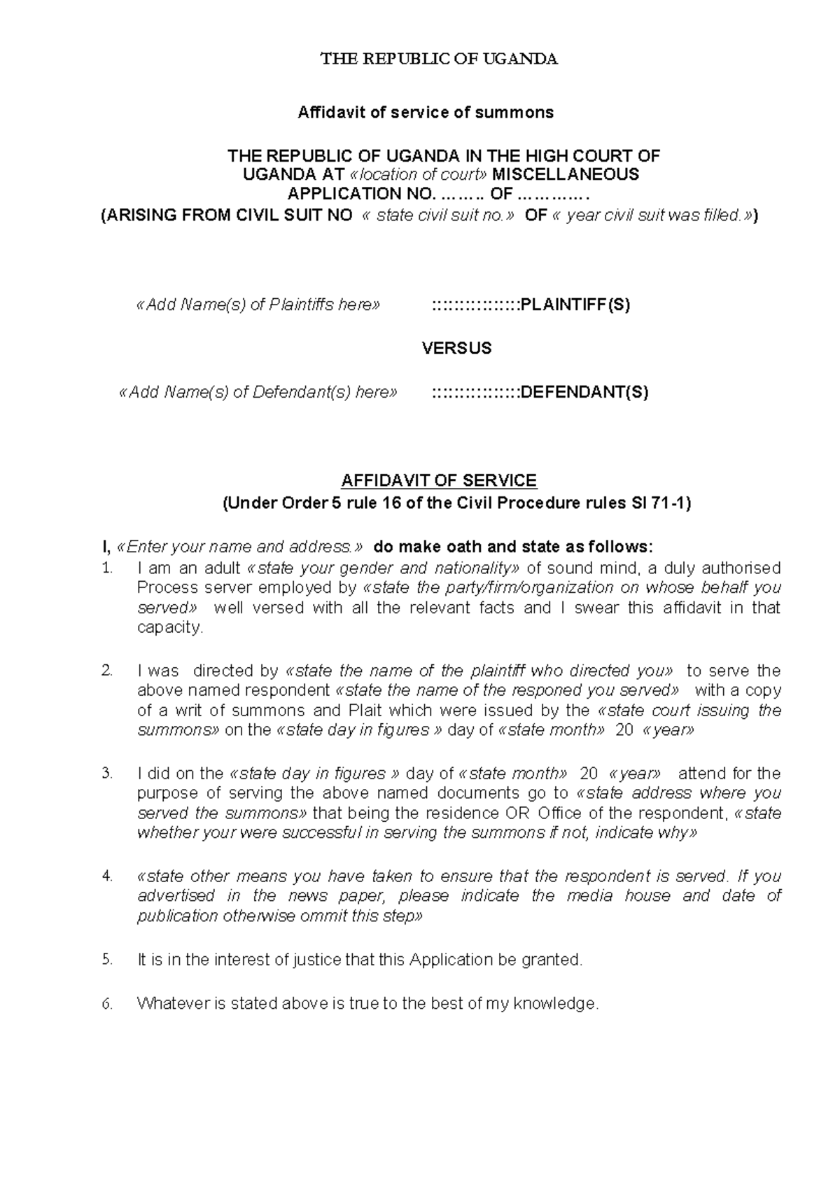 Affidavit of Service Sample for High Court Application No. XXXX - Studocu