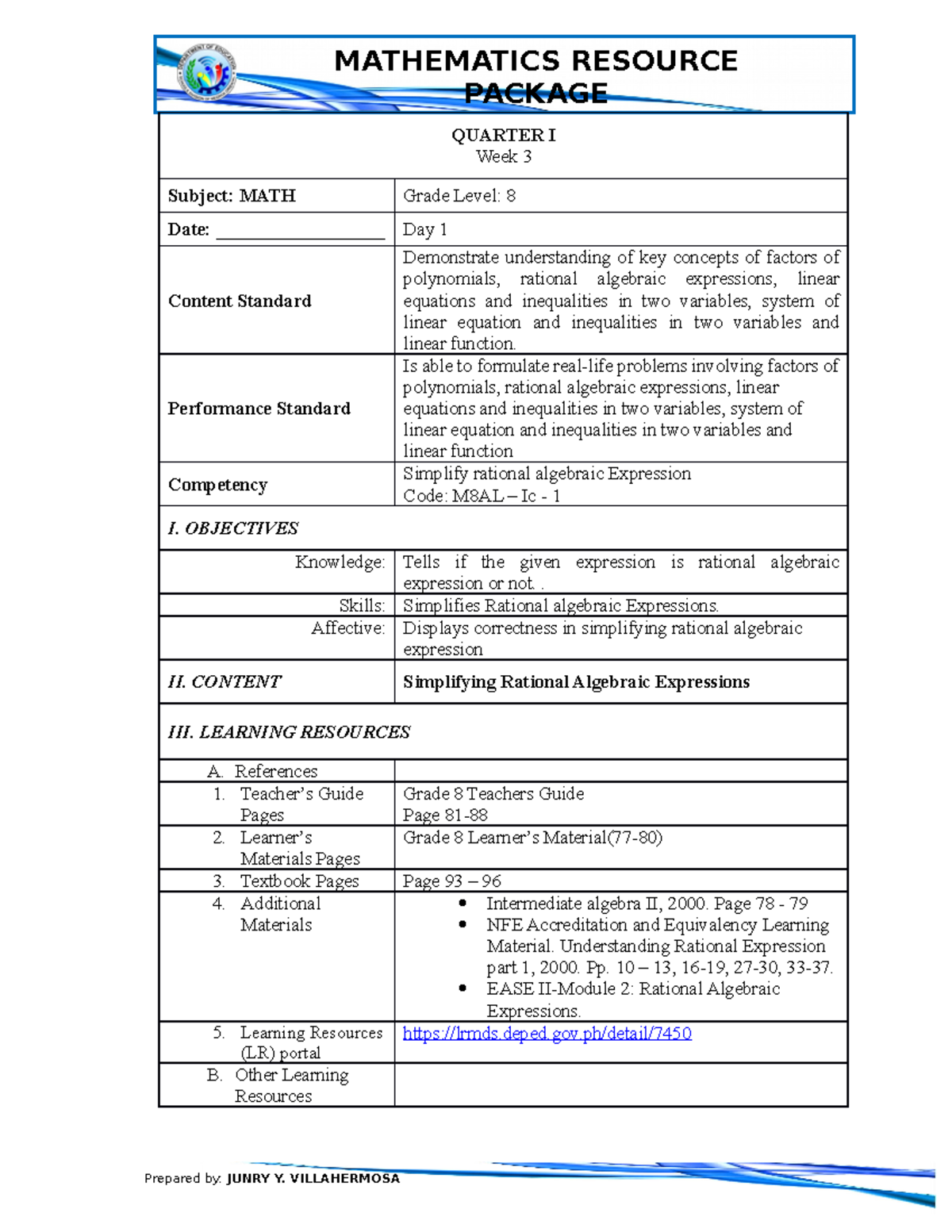 DLP-8 week 3 day 2 A Detailed Lesson Plan for Grade 8 - Basic Education ...