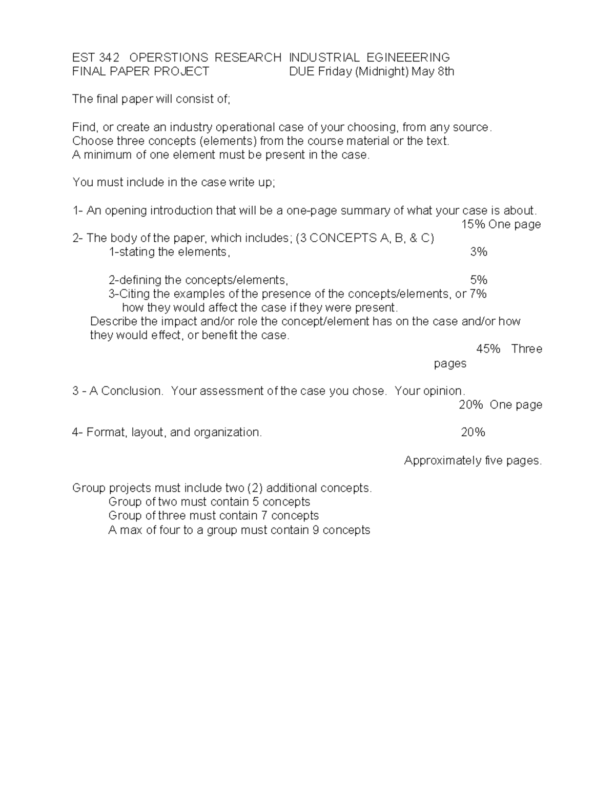 EST 342 OPERATIONS RESEARCH INDUSTRIAL FINAL PROJECT GUIDELINES - Studocu