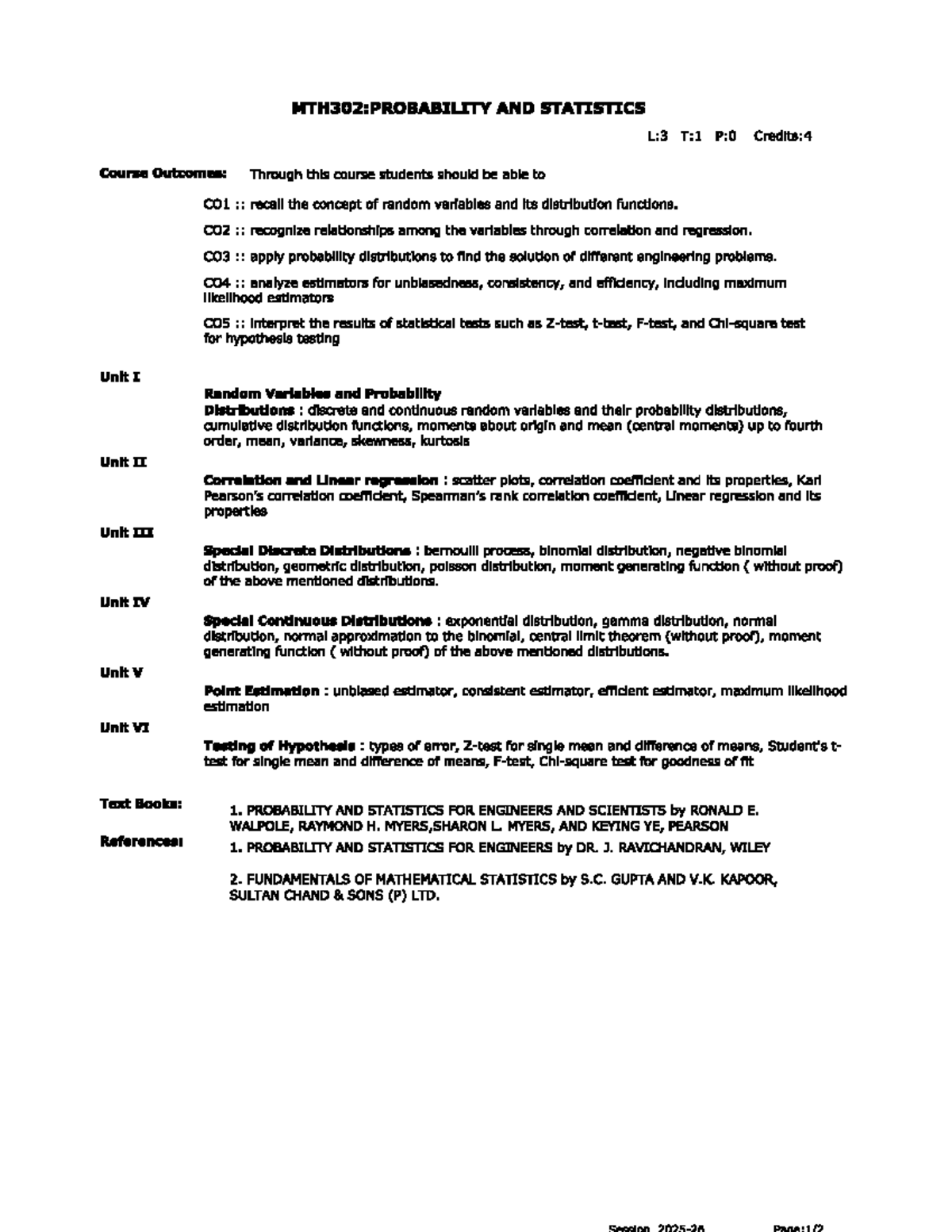 MTH302: Probability and Statistics Syllabus Overview - Studocu