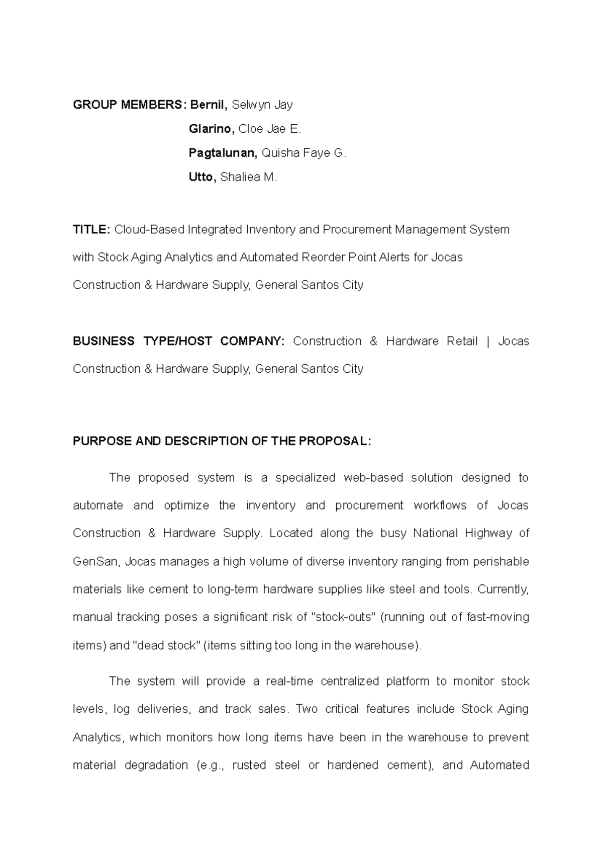Integrated Inventory & Procurement Management System Proposal for Jocas ...