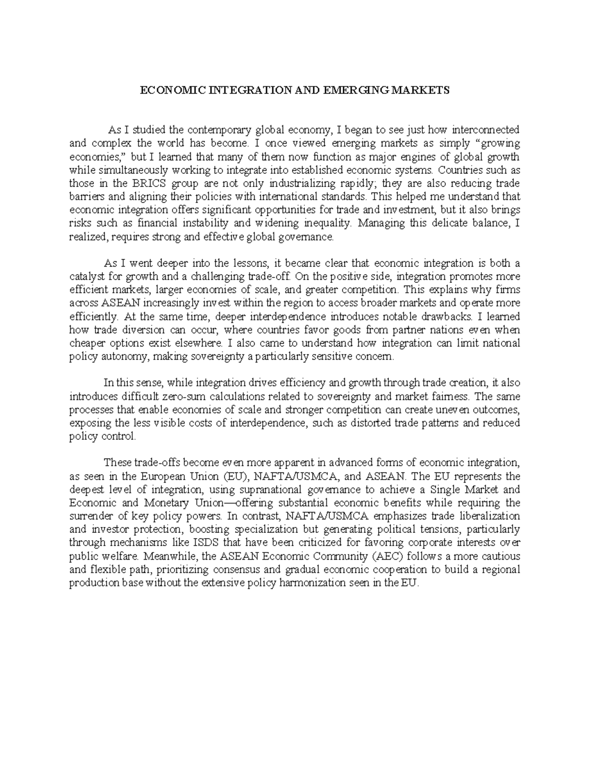 ECON 101: Insights on Economic Integration in Emerging Markets - Studocu