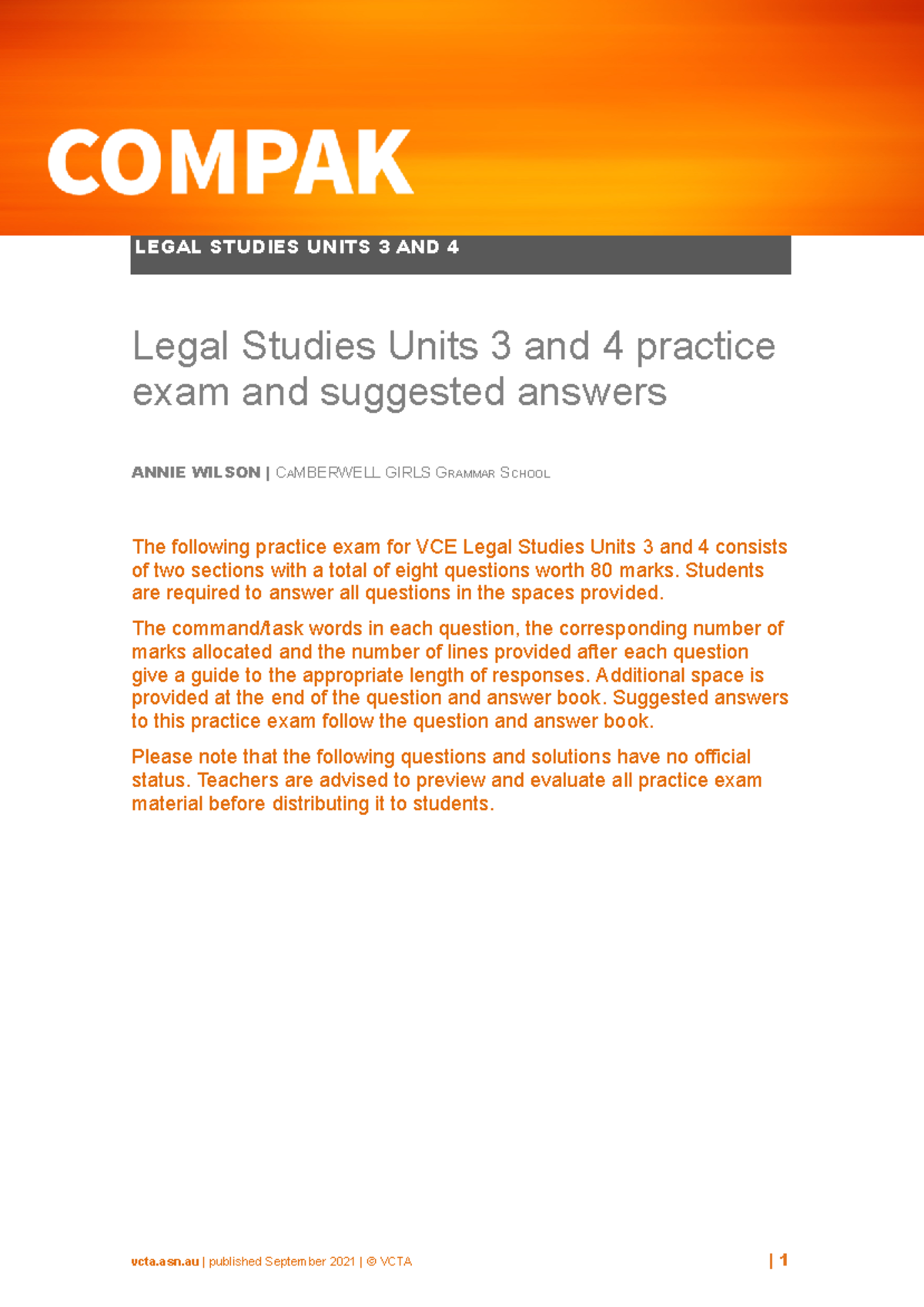 VCE Legal Studies Units 3 & 4 Practice Exam Guide - Studocu