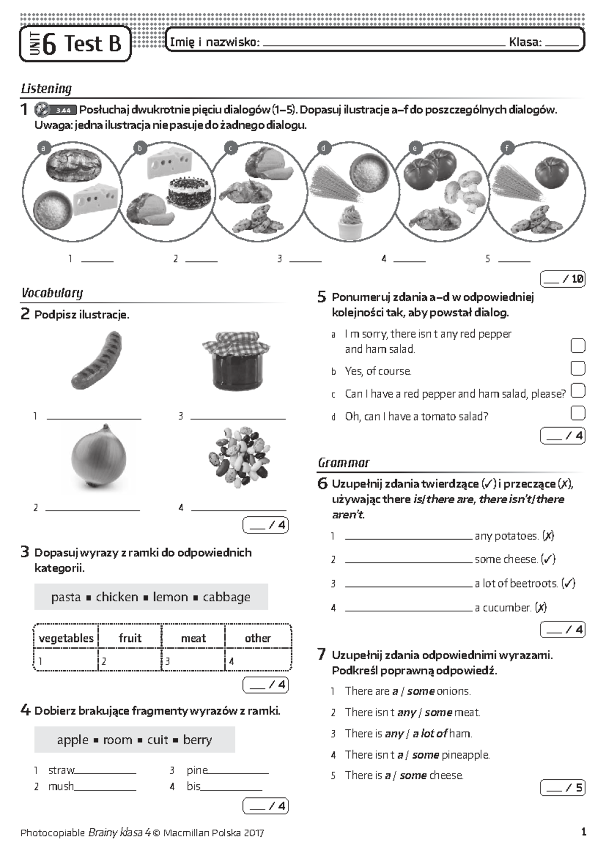 Brainy 4 Unit Test 6 B - Sprawdzian klasy 4 - Photocopiable Brainy