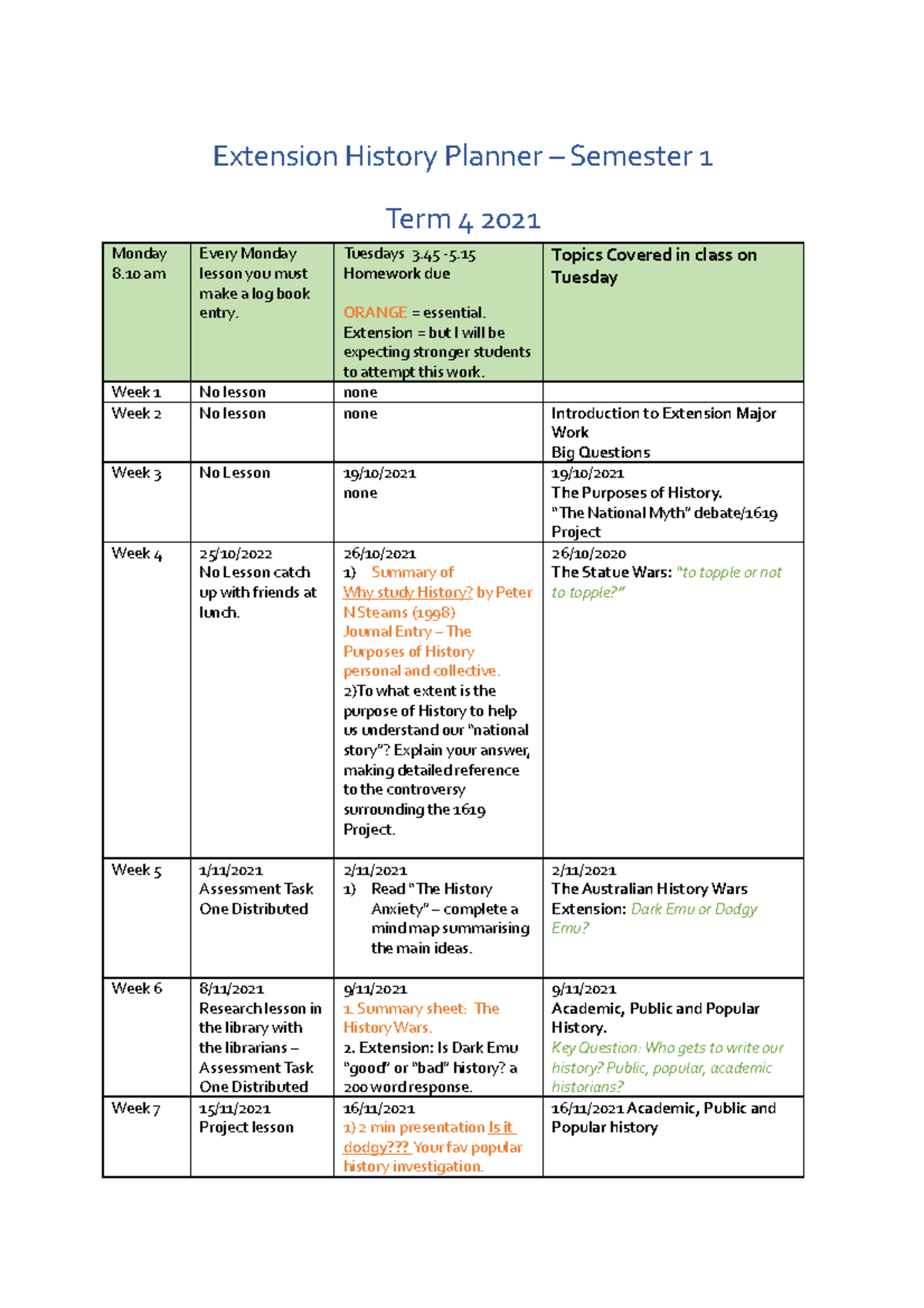 Extension History Planner - Tuesdays 3 -5. Homework due ORANGE = essential. Extension = but I ...