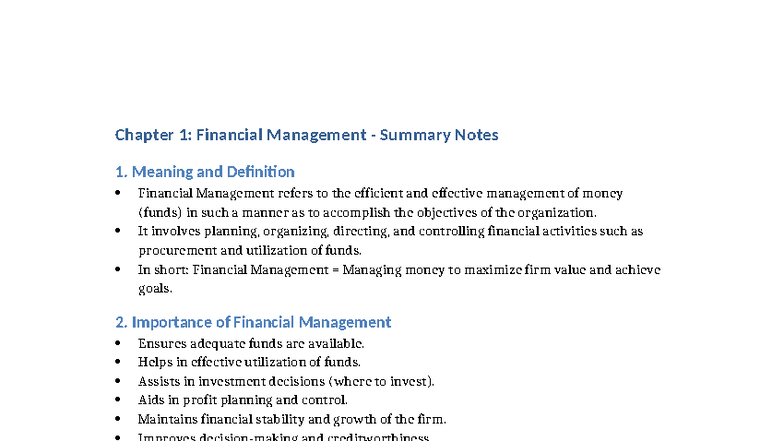 Financial Management (FIN 101) Chapter 1 Summary Notes - Studocu