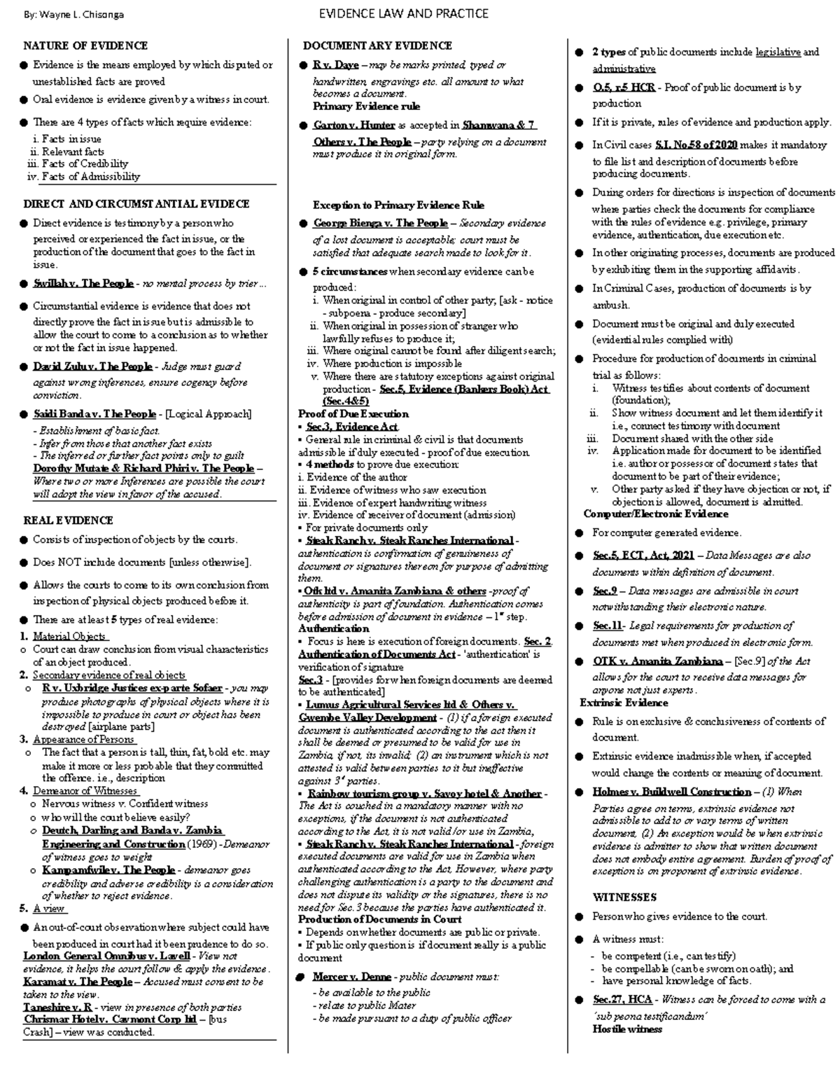 Evidence Law and Practice Cheat Sheet (Course Code: EVID 101) - Studocu