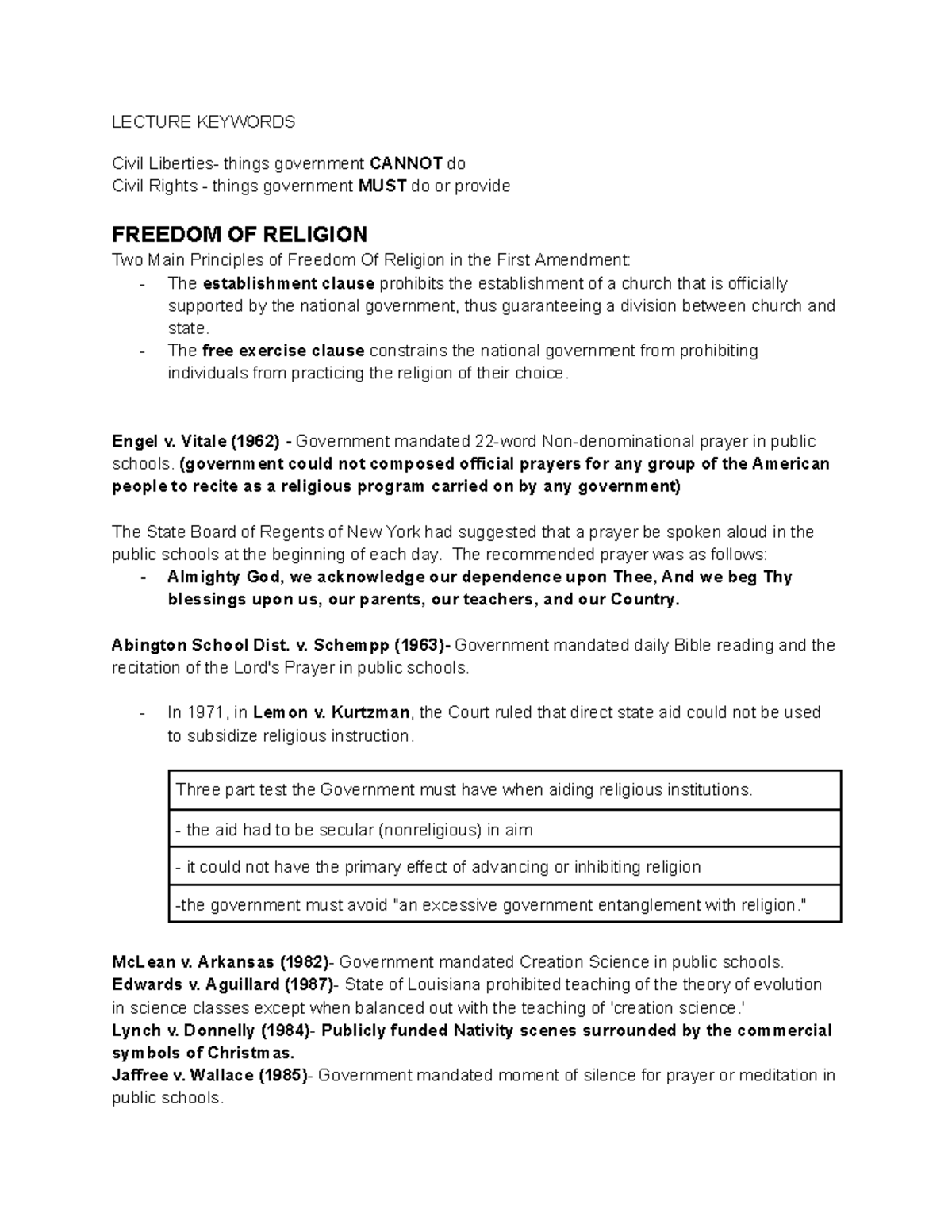 Civil Liberties and Rights Overview: Key Cases and Principles - LECTURE ...