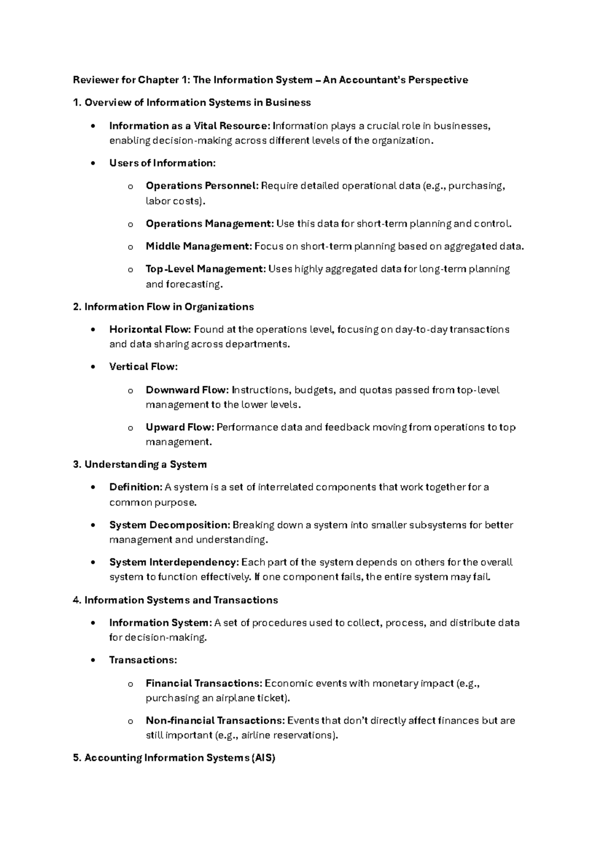 NOEL CH1 Summary: AIS Chapter 1 Reviewer Notes for Exam Prep - Studocu