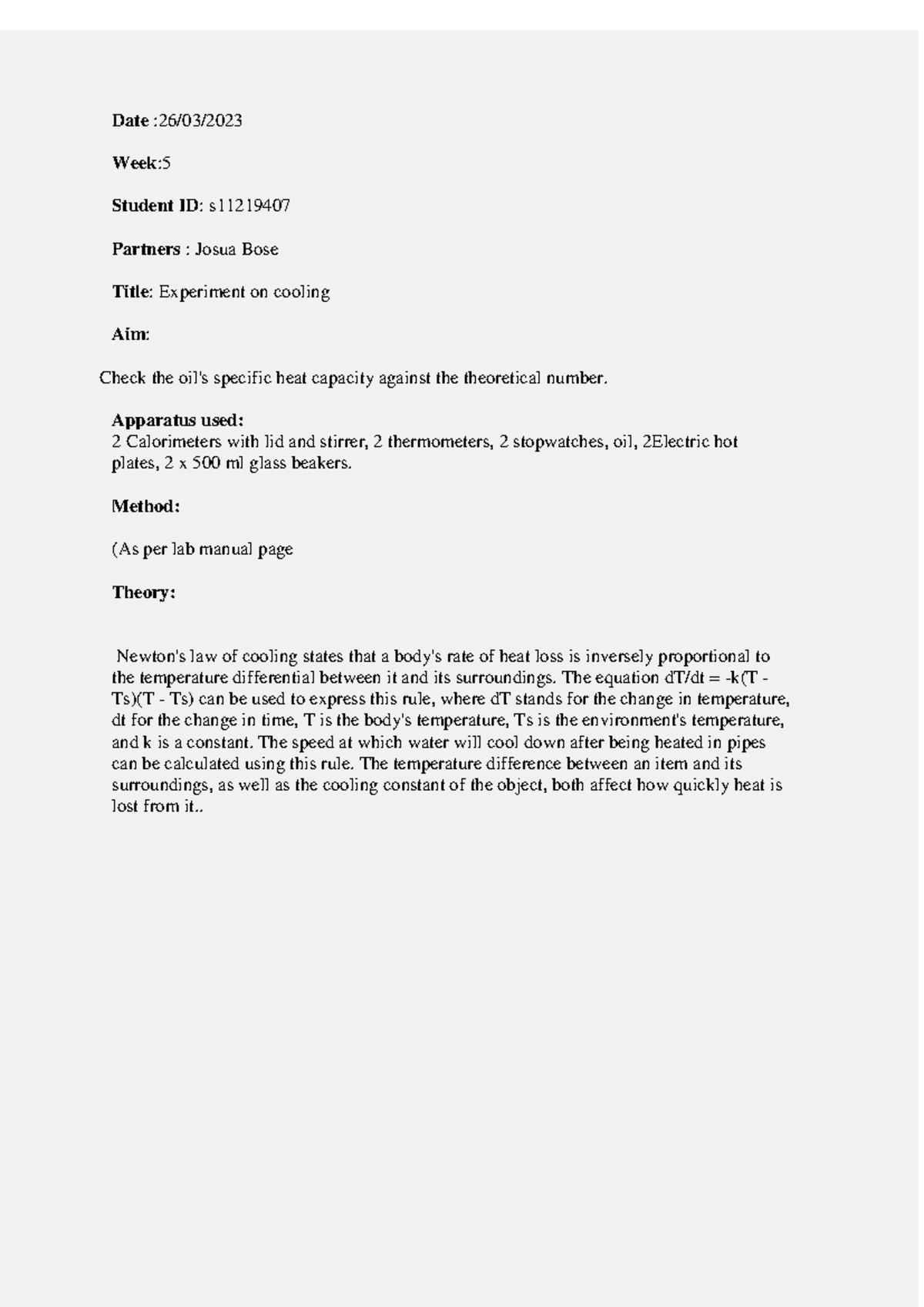 Lab 4: Specific Heat Capacity Measurement of Oil Using Cooling ...