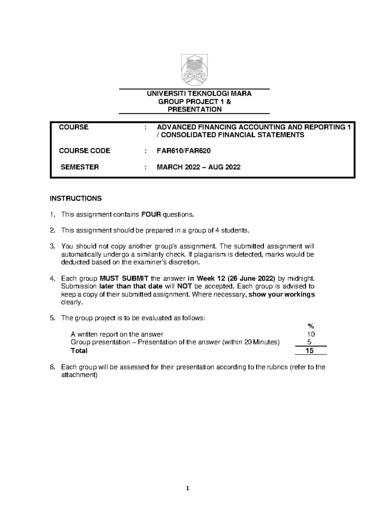 GP JULY 2022 - Group Project on Consolidated Financial Statements for ...