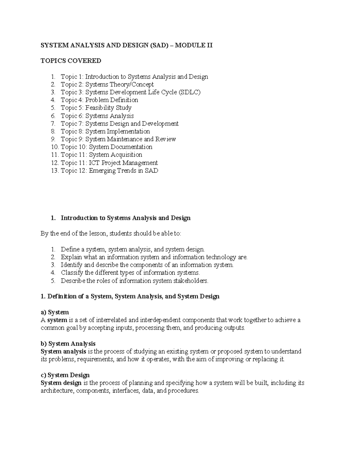 SAD MODULE II: Key Topics in System Analysis and Design - Studocu